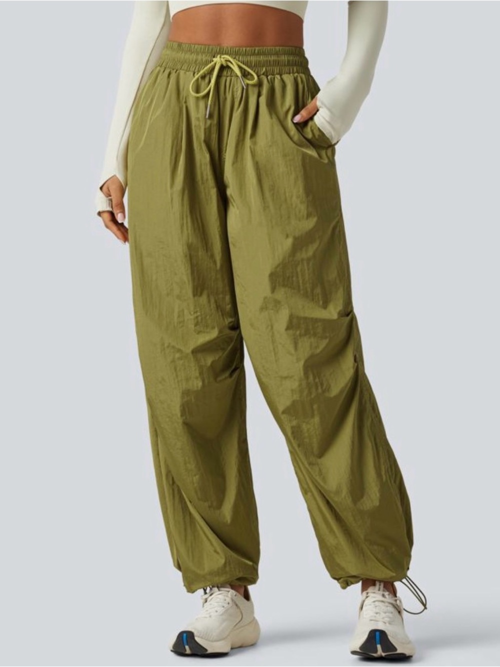 Olive Green Drawstring Active Windbreaker Pants